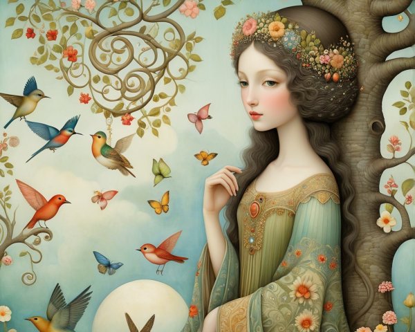 Young woman in floral crown in whimsical nature scene