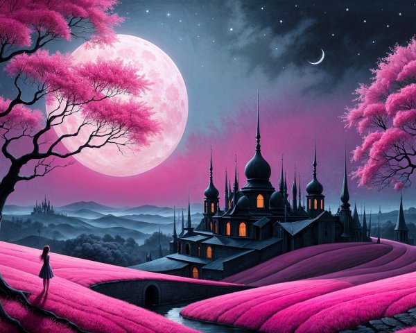 Mystical Landscape with Moon and Vibrant Pink Trees