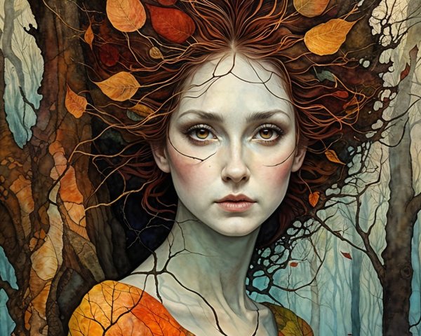 Woman with Autumn Leaves in a Natural Setting