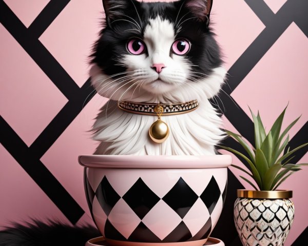 Cat in Decorative Planter with Geometric Background