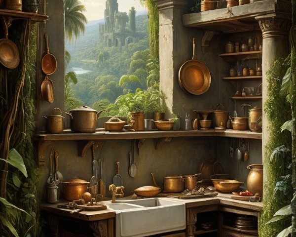 Sunlit Kitchen with Rustic Cabinets and Green Plants