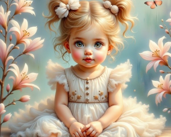Young girl in white dress among colorful flowers