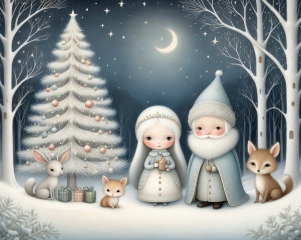 Whimsical Couple in a Serene Winter Landscape