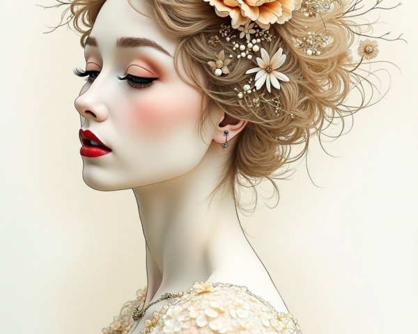 Serene Woman with Floral Hairpiece and Sequined Gown
