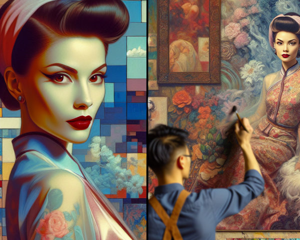 Stylized Portrait and Vibrant Mural of a Woman