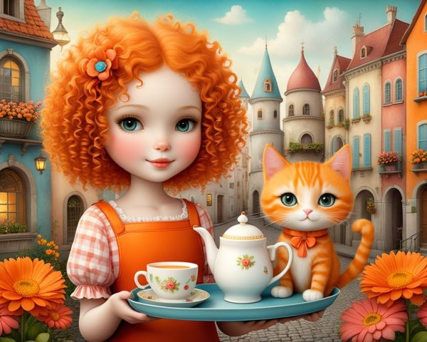 Charming scene of a girl with red hair and tea set
