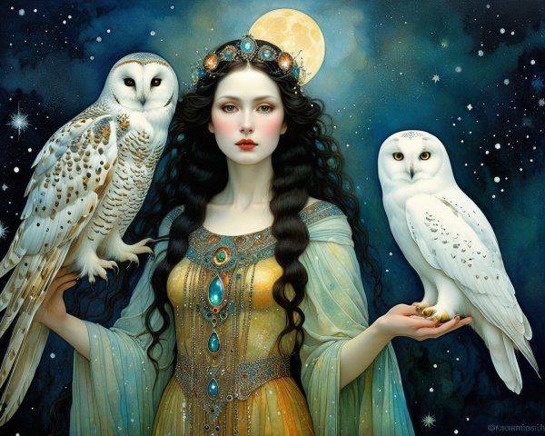 Serene woman with owls in a starry night setting