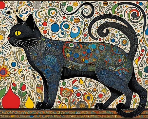 Stylized Black Cat with Colorful Intricate Design