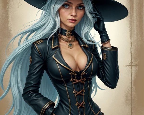 Steampunk-inspired figure in black outfit with gold accents