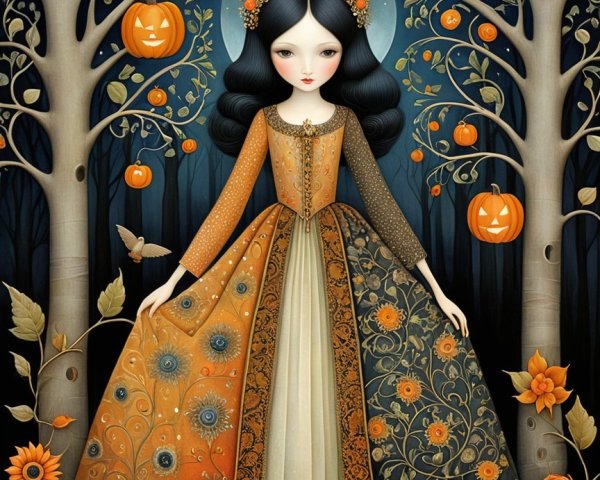 Whimsical Figure in Enchanted Forest at Night