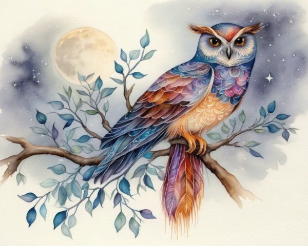 Illustration of an Owl on a Branch at Night