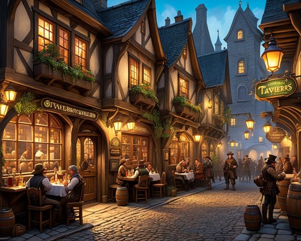 Medieval Street Scene with Taverns and Lanterns