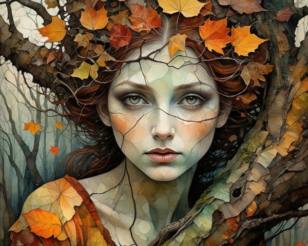 Woman with Autumn Leaves in Forest Setting
