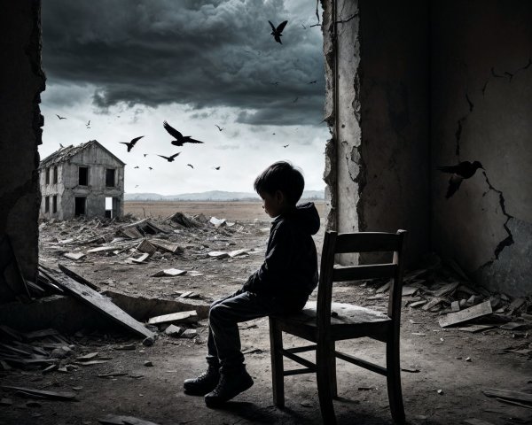 Young Boy in a Ruined Room Under Stormy Sky
