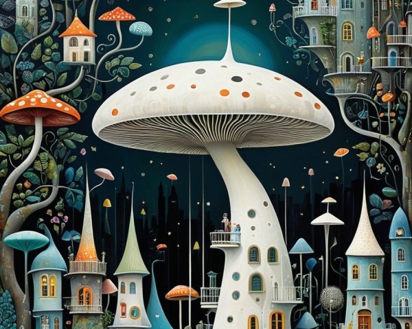 Whimsical Night Scene with Mushrooms and Fantasy Buildings