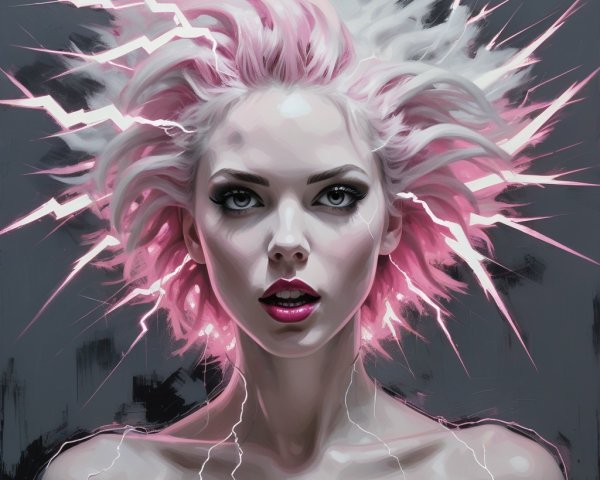 Portrait of a Woman with Pink Hair and Lightning Effects