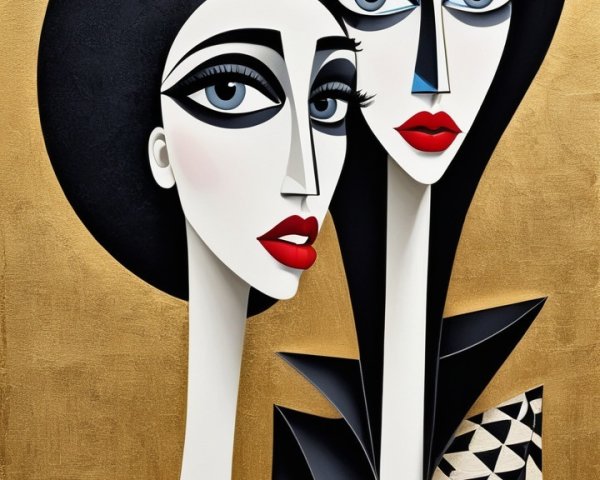 Stylized Figures with Bold Colors and Gold Background