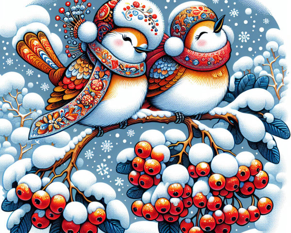 Whimsical Birds on Snowy Branch with Red Berries
