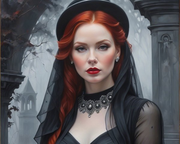 Striking Woman in Black Dress Against Gothic Backdrop