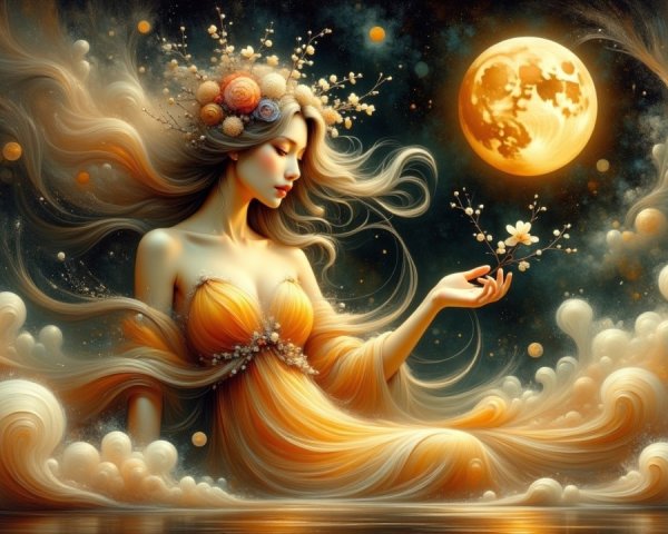 Serene figure in orange gown among ethereal clouds