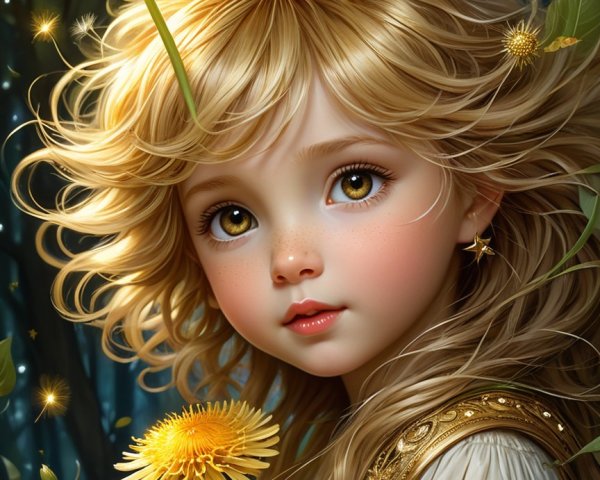 Young girl in embroidered dress with dandelion in forest