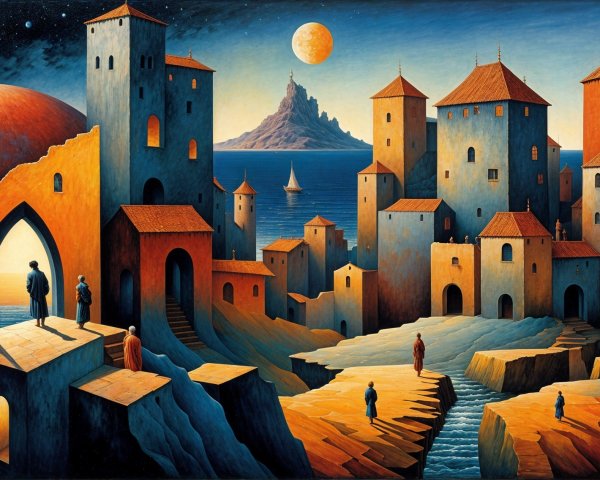 Surreal Landscape with Colorful Structures and Sea
