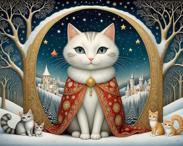 Regal White Cat in Red Cape Surrounded by Colorful Cats