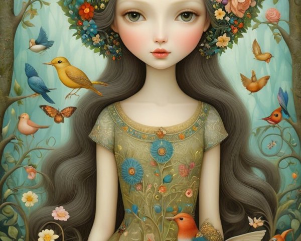 Whimsical Portrait of a Girl in Floral Landscape