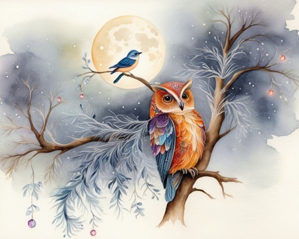 Illustration of an owl on a branch with a moonlit backdrop