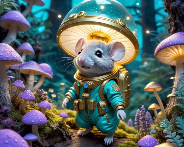 Mouse in Turquoise Spacesuit in Enchanted Forest