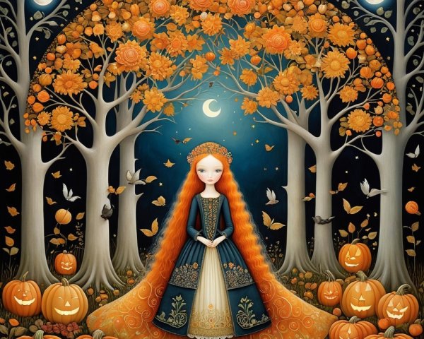 Whimsical Autumn Forest with Girl in Blue Gown