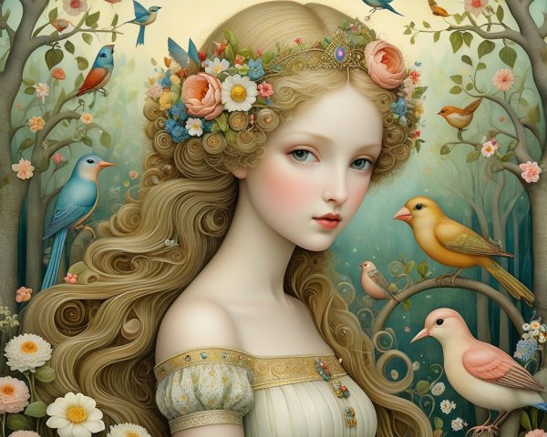 Serene Girl with Floral Crown in Enchanting Forest