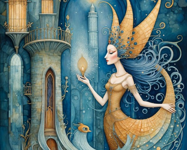 Serene Figure in Golden Gown Amidst Ocean Waves