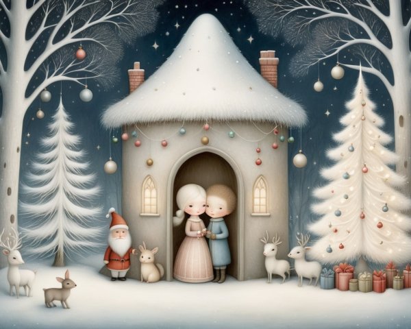 Cozy Cottage in Winter Scene with Holiday Elements