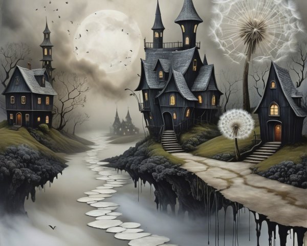 Eerie Gothic Landscape with Ghostly River and Moon