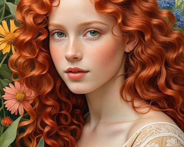 Young woman with red hair in a colorful garden