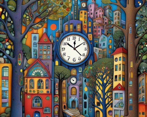 Whimsical Landscape with Colorful Buildings and Clock