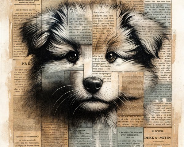 Portrait of a puppy in vintage newspaper collage