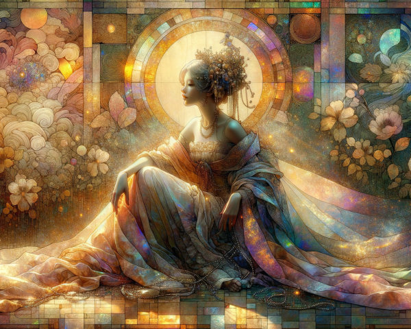 Seated Figure in Ethereal Floral and Stained Glass Setting