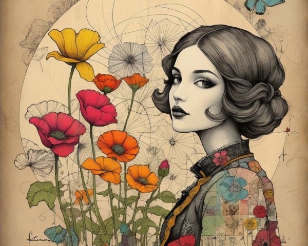 Elegant woman with vintage hairstyle and vibrant flowers