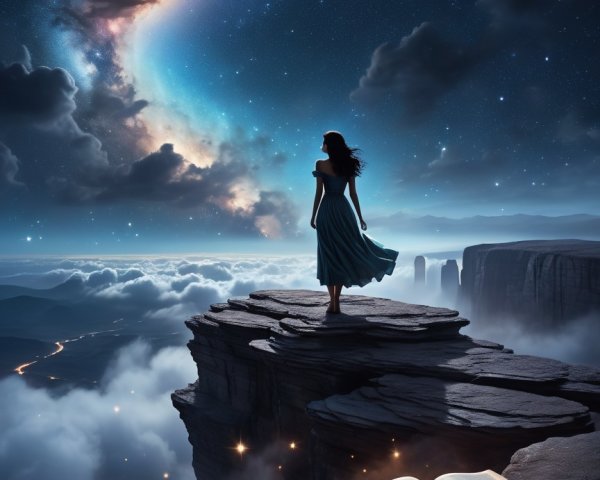 Silhouette of Woman in Blue Dress on Rocky Cliff