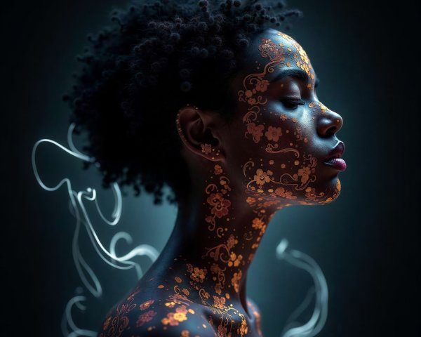 Profile View of a Young Woman with Floral Patterns