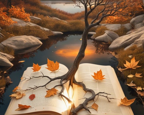 Book and Tree by a Serene Lake at Sunset