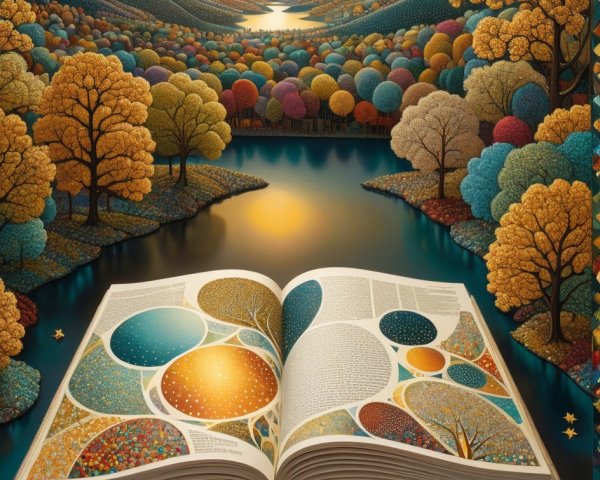 Vibrant Storybook with Cosmic Landscape and Nature Elements