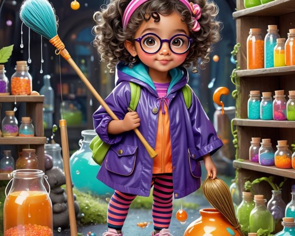 Cheerful girl in whimsical potion shop with colorful decor
