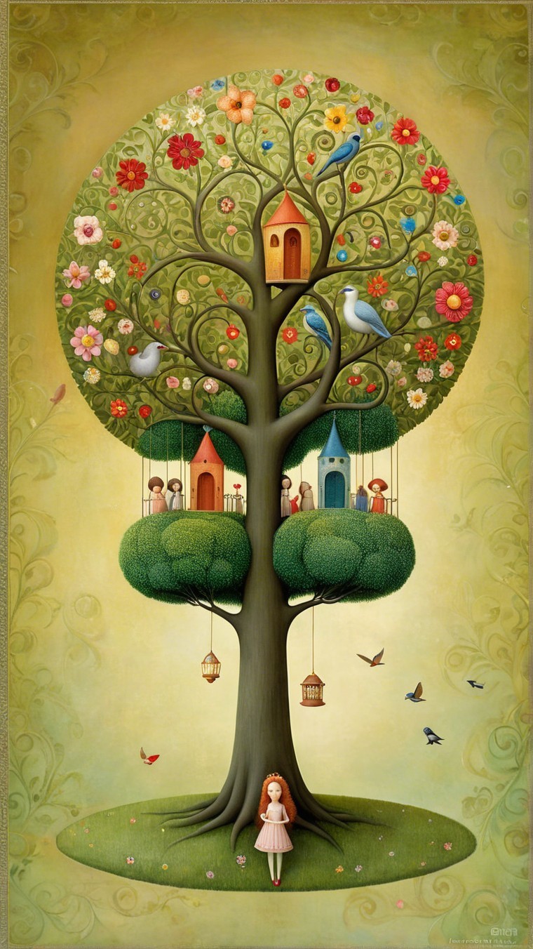 Whimsical Tree Illustration with Birds and Flowers