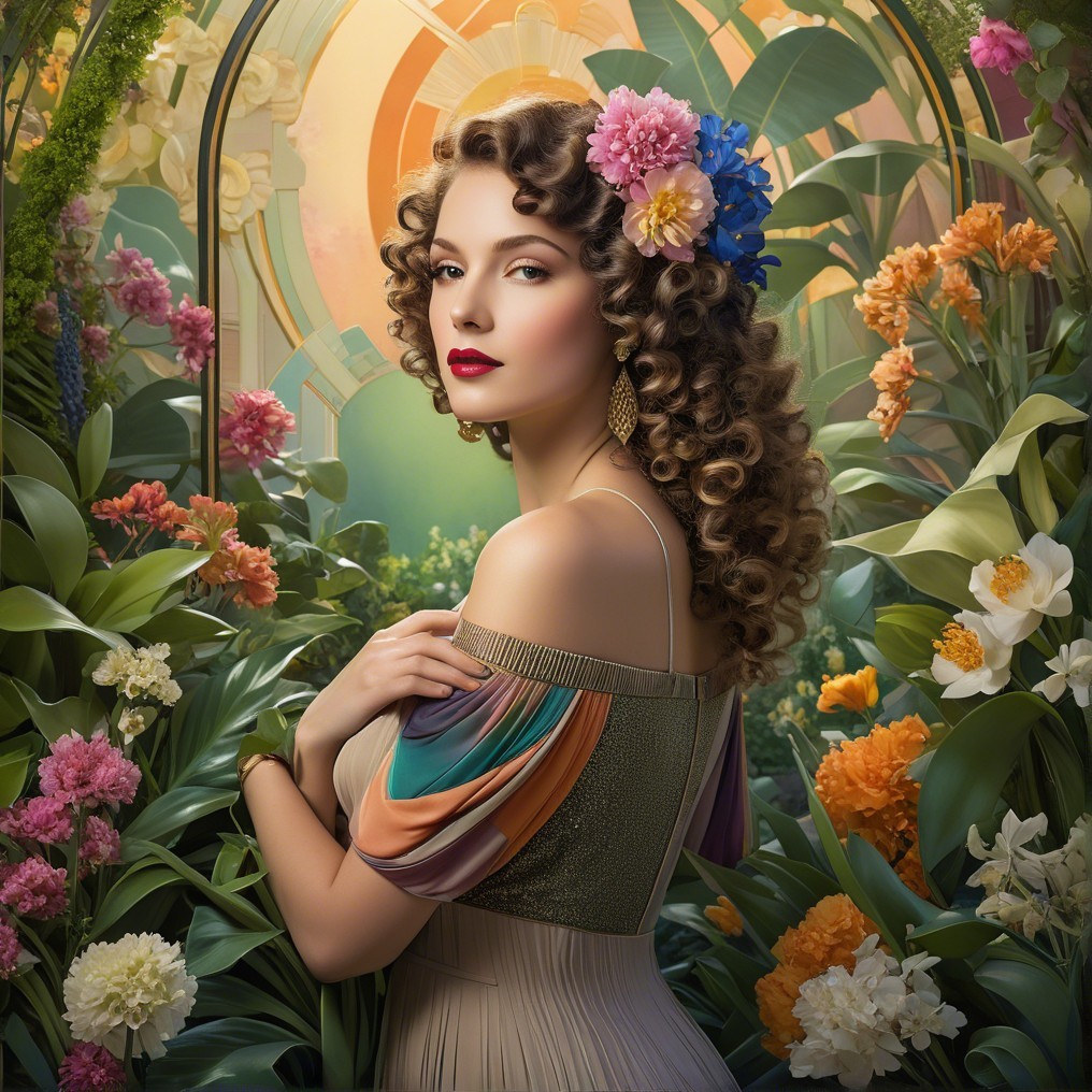 Woman with Curly Hair and Floral Dress in Garden