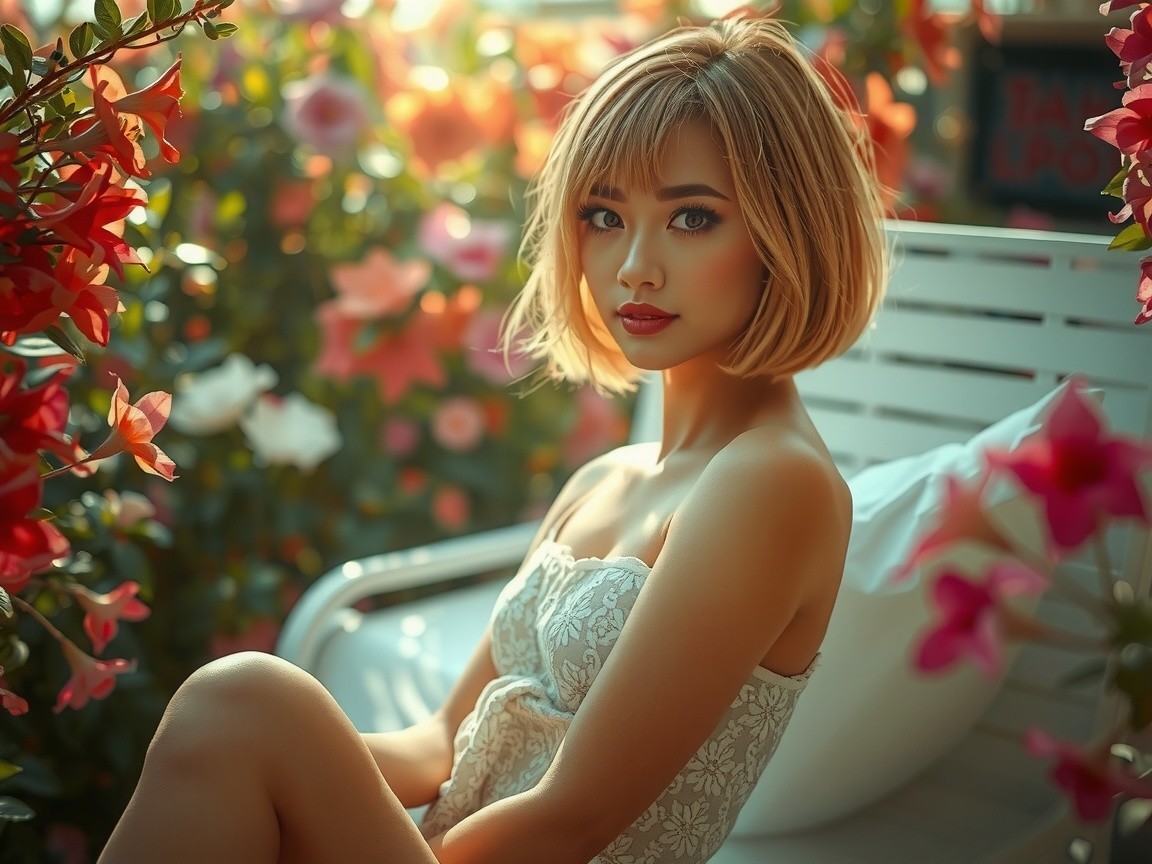 Young Woman in Garden Surrounded by Vibrant Flowers