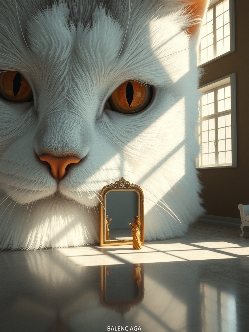 Surreal Room with Enormous Cat Head and Mirror Reflection