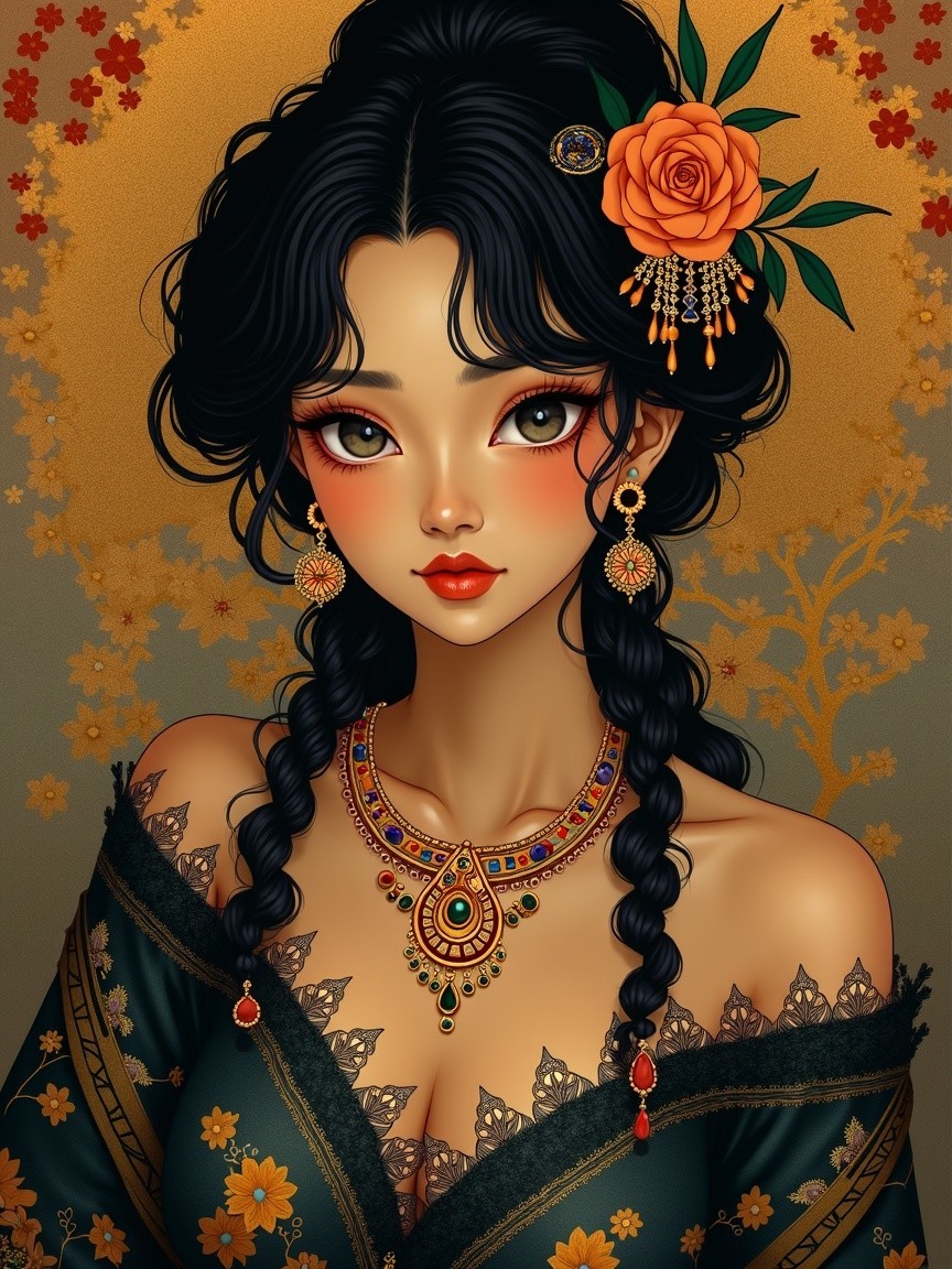 Styled Young Woman with Braided Hair and Jewelry
